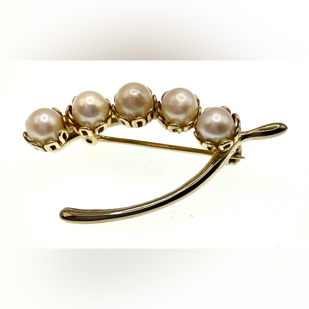 Vintage Gold Tone Wishbone Brooch Pin with 5 Genuine Pearls